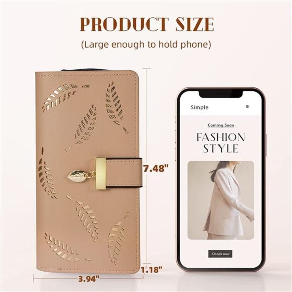 Women's Long Leaf Bifold Wallet Leather Card Holder Purse Zipper Buckle Clutch - Picture 3 of 6